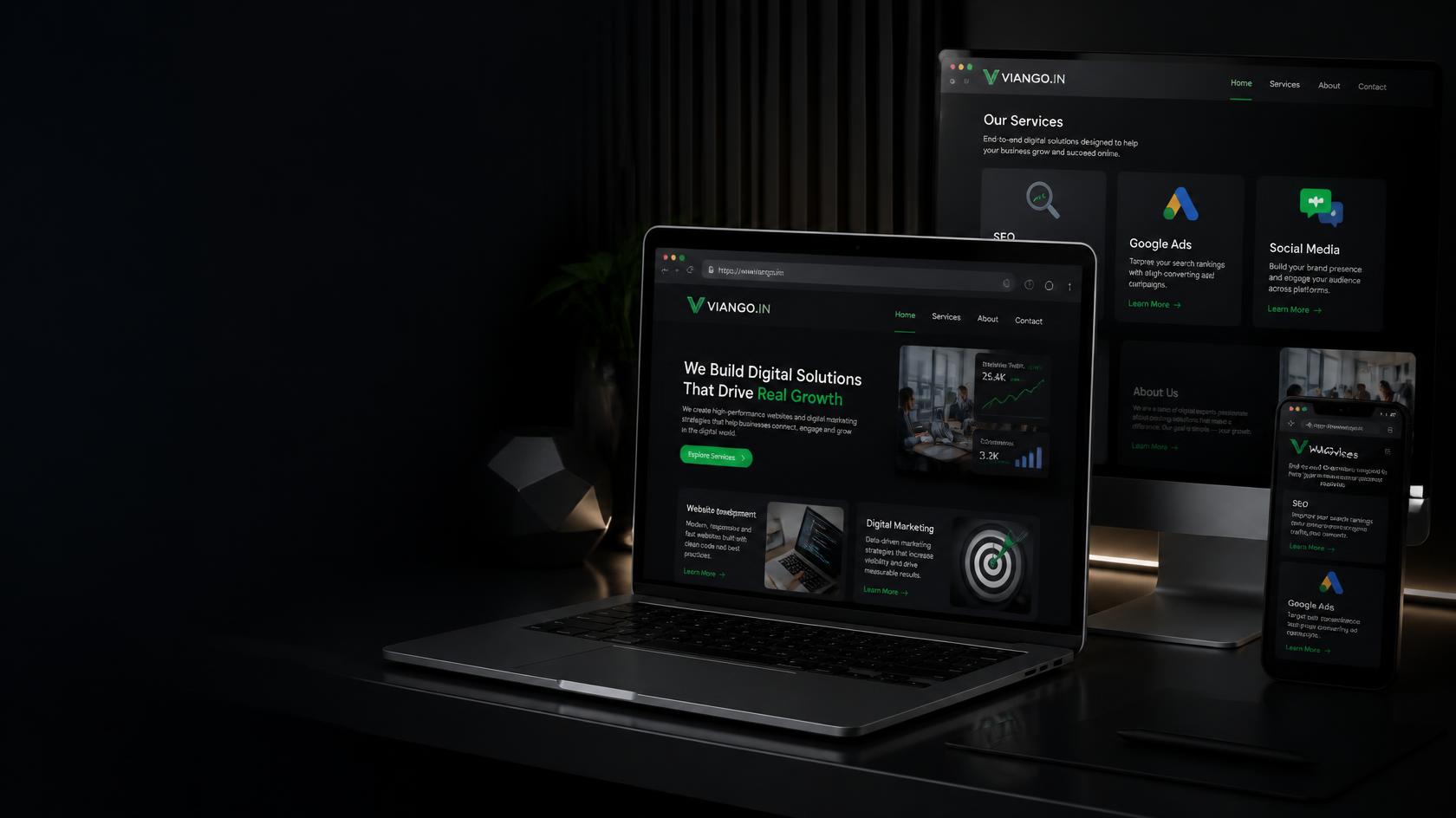 Home Viango website development and digital solutions displayed across laptop desktop and mobile devices